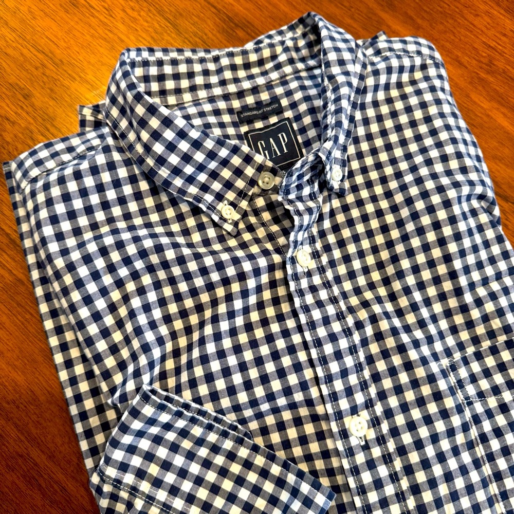 GAP Standard Fit Stretch Poplin Button Down Navy Blue Gingham Long Sleeve XLTall